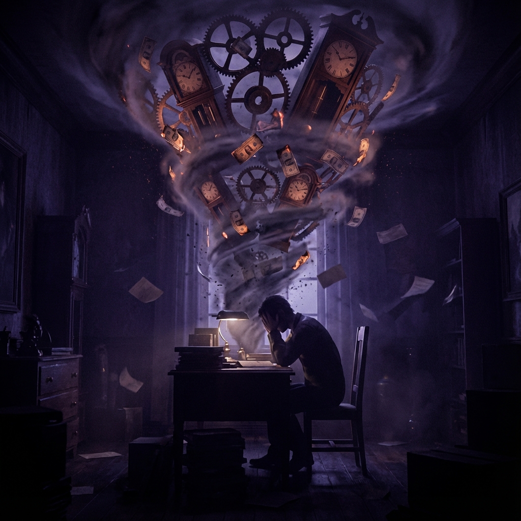 Exhausted seller consumed by the vortex of manual work and financial loss